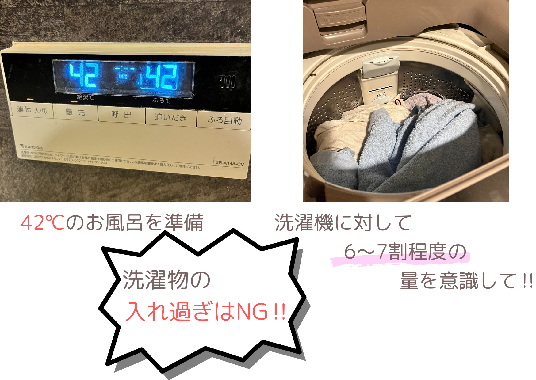 洗濯機に衣類とタオルを詰め込みすぎている様子