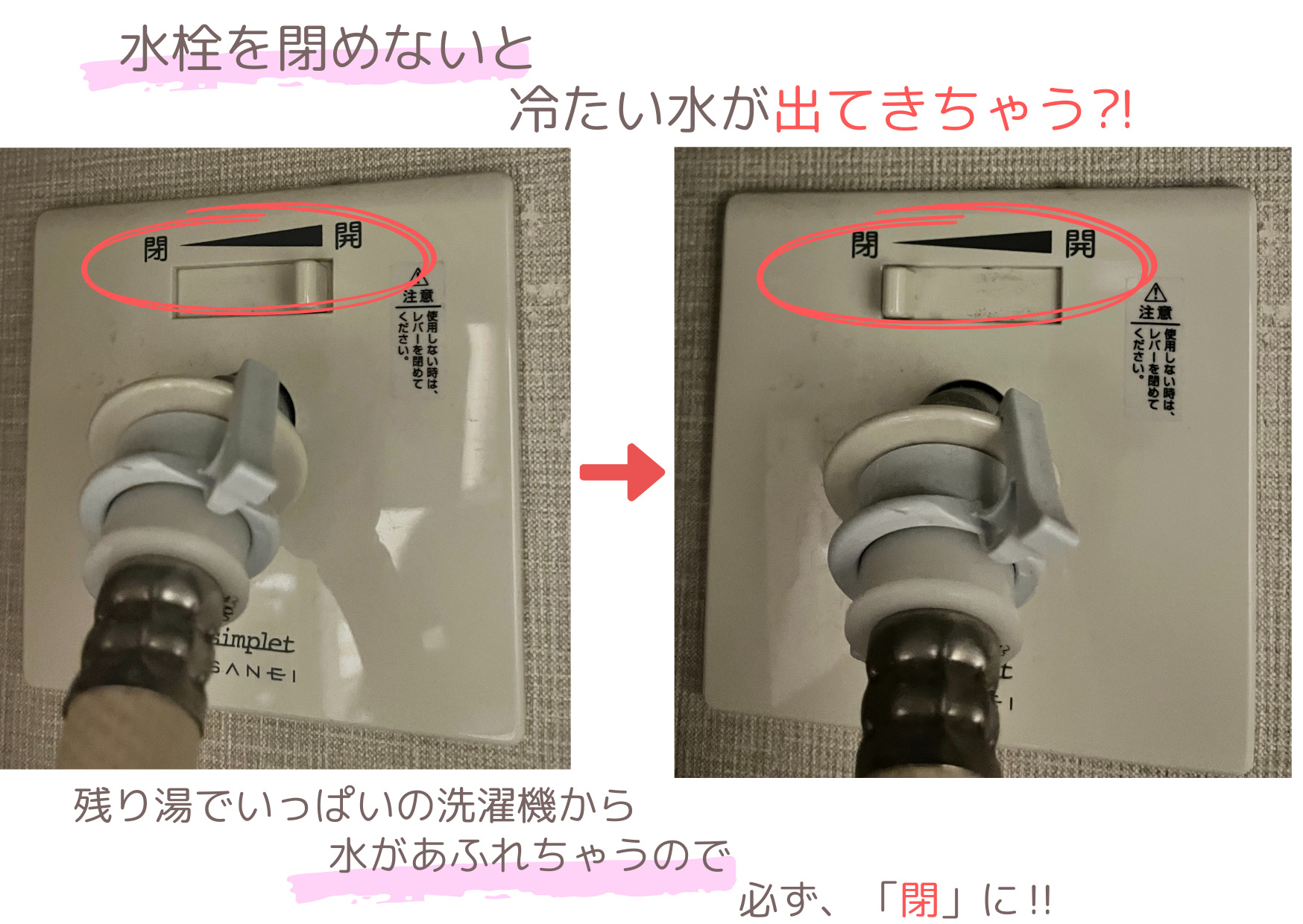 洗濯機にお湯をためる時は水栓を閉める注意画像
