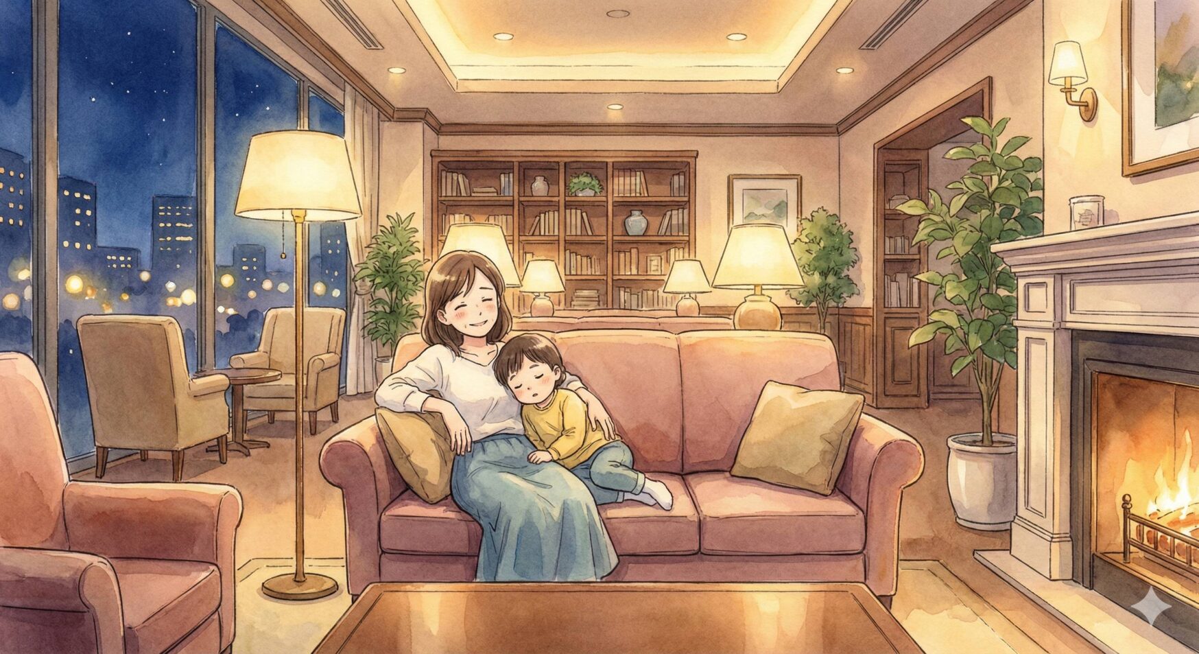 子連れディズニー帰りに夕飯を確保したあと、ホテルで子どもがママにもたれて休んでいる様子