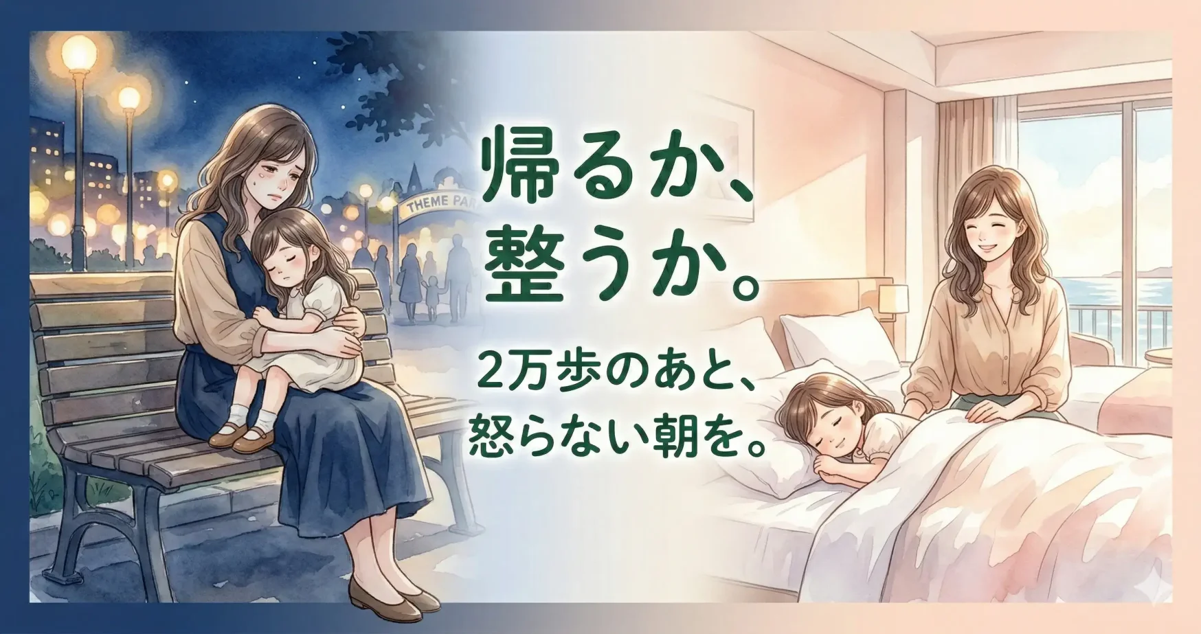 ディズニー後の疲労とヒルトン東京ベイで迎える穏やかな朝の対比イメージ