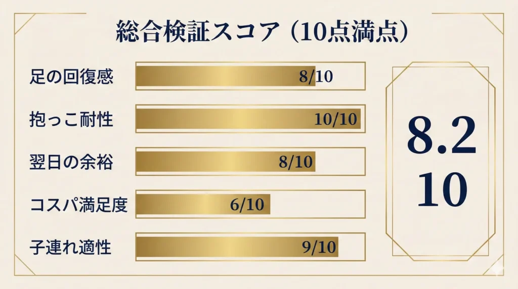ヒルトン東京ベイ子連れ宿泊の総合検証スコア10点満点評価（8.2点）の図解