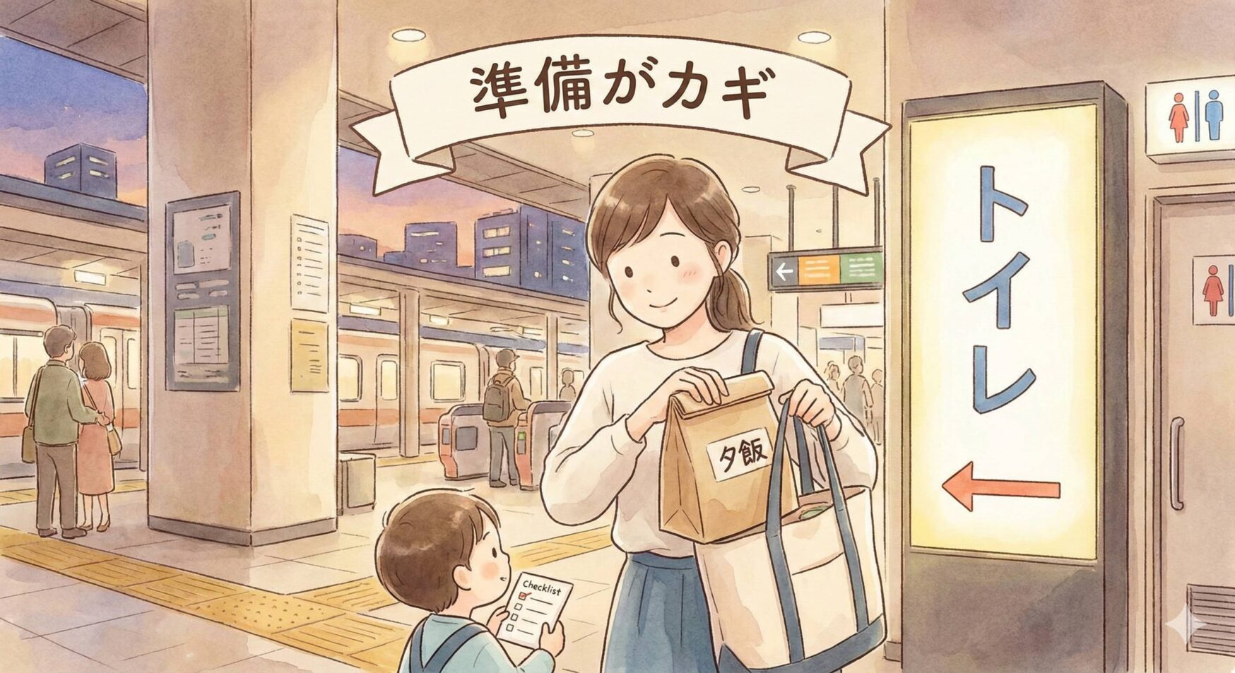 子連れディズニー帰りに夕飯とトイレを先に済ませてバスに並ぶ準備をするママ