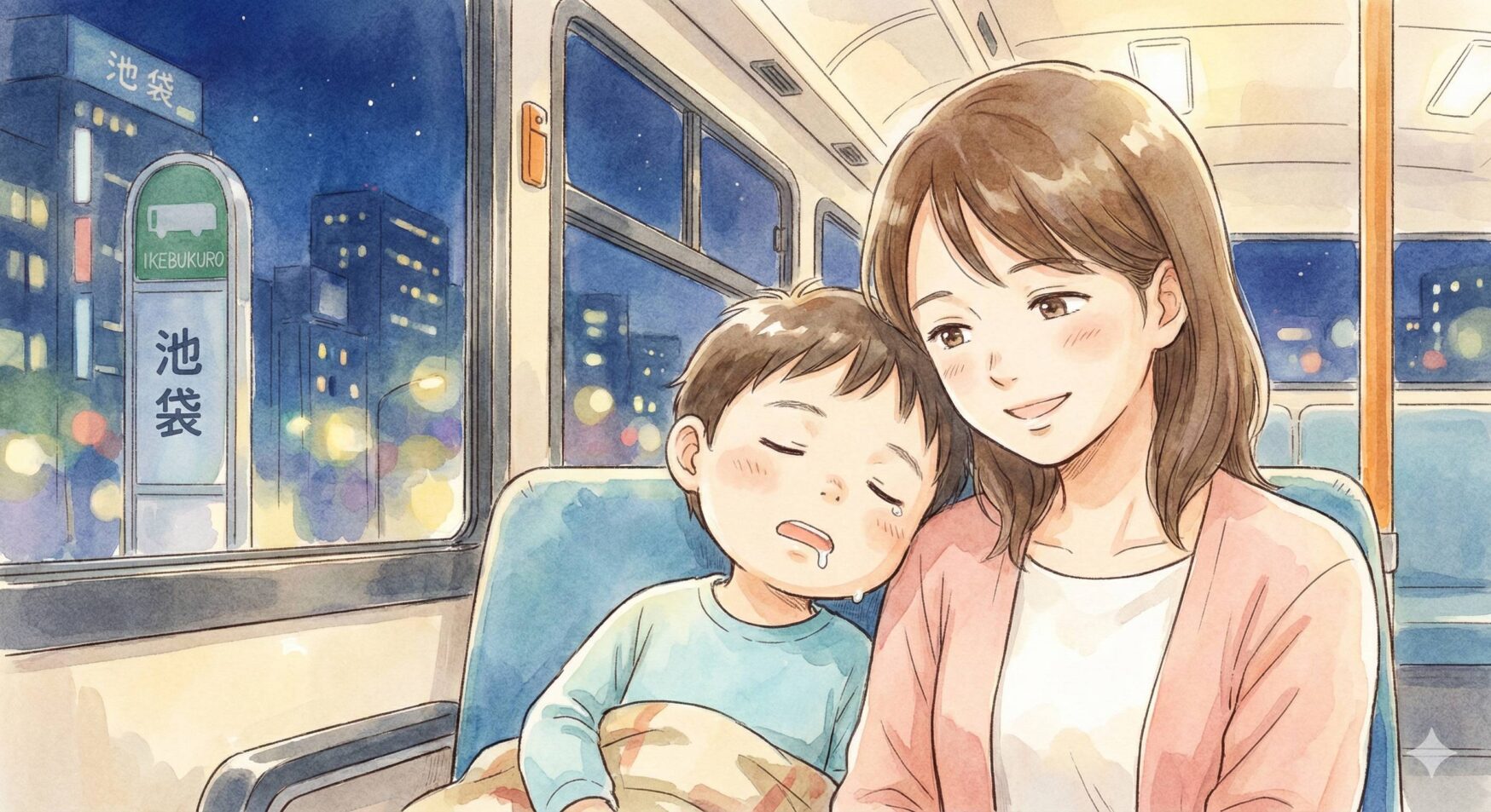 池袋行きバスで子どもが眠り、ママが少し安心して座っている様子