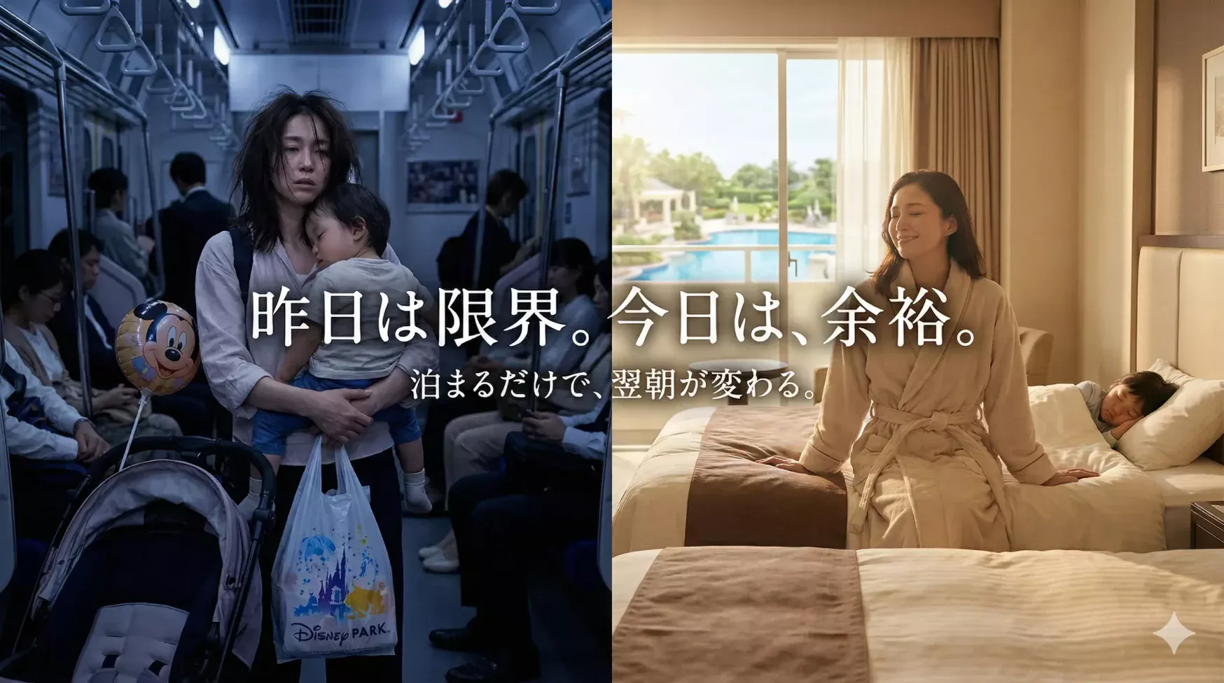 ディズニー帰りで疲れ切った母親と翌朝ホテルで余裕を取り戻した母親の対比イメージ
