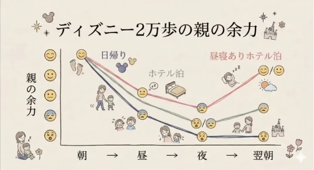 ディズニーで約2万歩歩いた後の親の体力を顔文字で表した図。日帰りとホテル宿泊で翌朝の余力が変わることを示している。