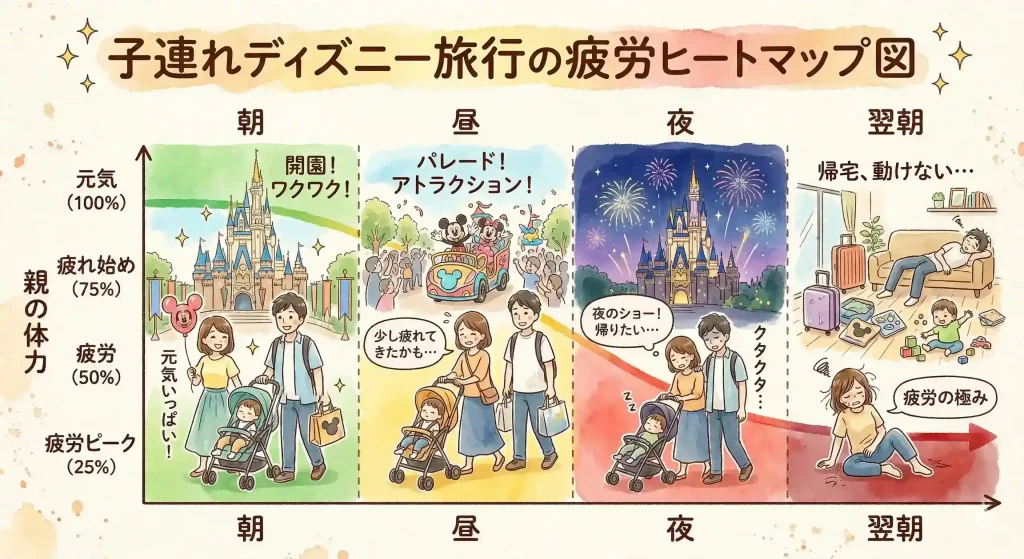 子連れディズニーで親の疲労が時間とともに増える様子を示したヒートマップ図