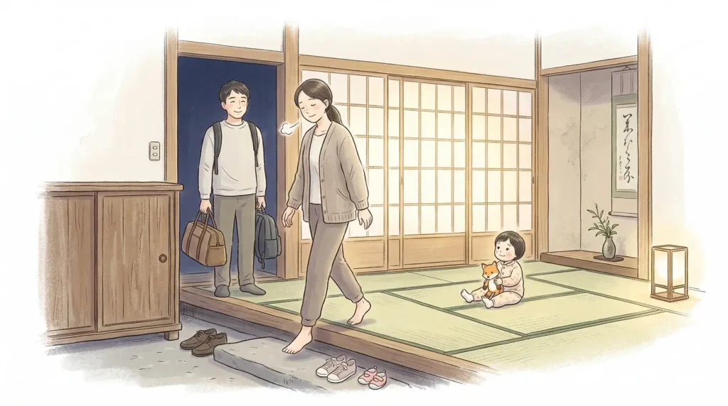ホテルの和室で玄関で靴を脱ぎ、畳に足の裏が触れてほっとする親子の手描き風イラスト
