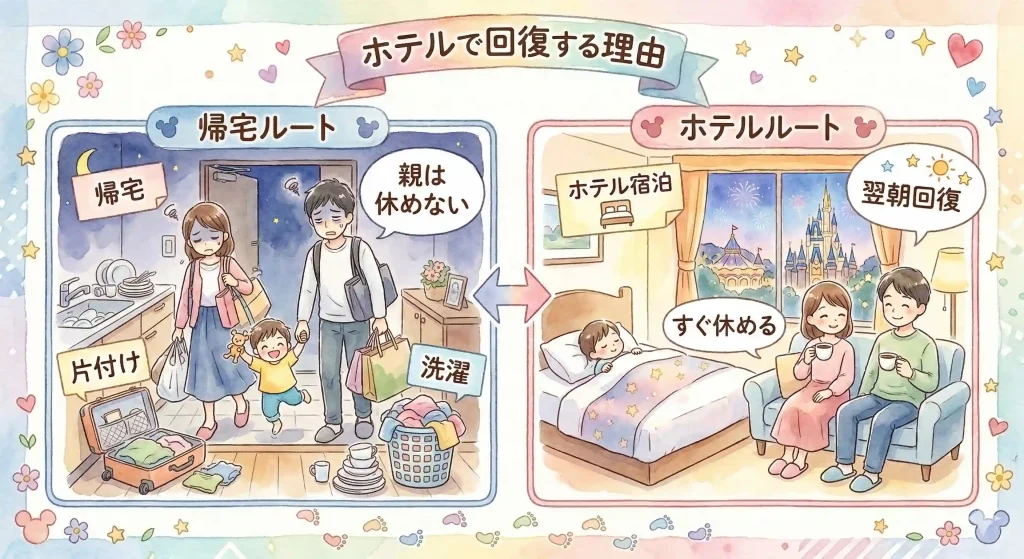 ディズニー帰りにホテル宿泊の方が回復しやすい理由を示した比較図
