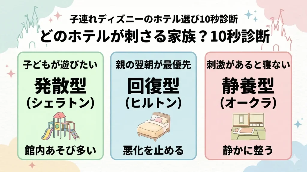 子連れディズニーのホテル3タイプ（回復型ヒルトン／発散型シェラトン／静養型オークラ）を10秒で診断できる図