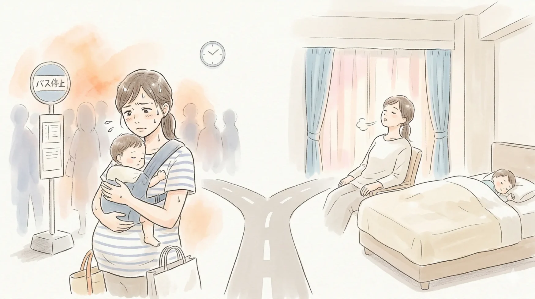 真夏の子連れディズニー帰りに、遠いホテルを選んで疲れ切った親が幼児を抱っこし、夜の待ち時間に消耗している様子を描いた手描き風アイキャッチ