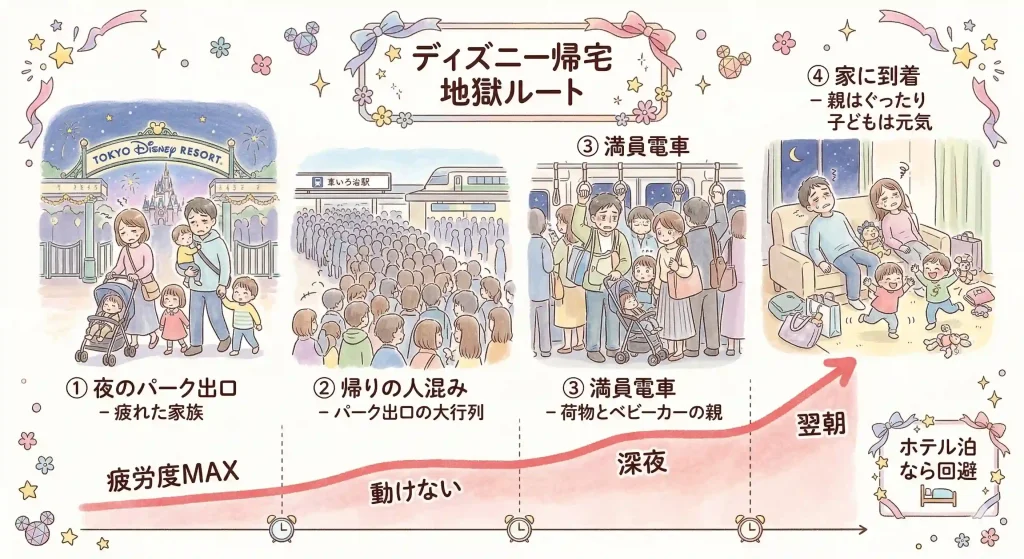 ディズニー帰宅の大変さを示した図