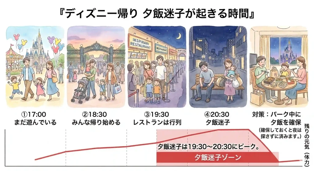 ディズニー帰りに夕飯迷子が起きる時間と疲れの変化を示した図
