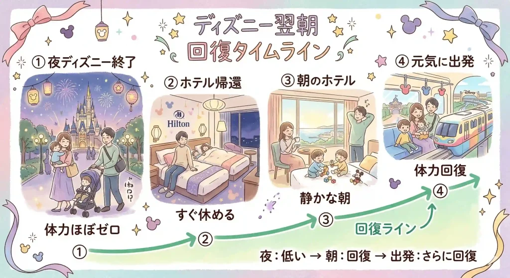 ディズニー旅行の翌朝にホテル宿泊で体力が回復する流れ