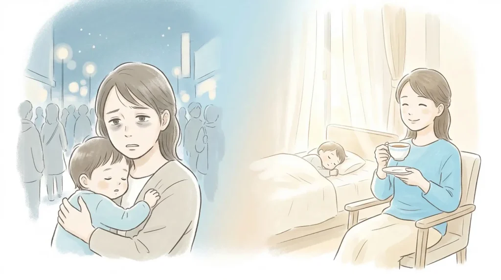 ヒルトン東京ベイとシェラトン東京ベイを子連れディズニー翌日の回復目線で比較する記事のアイキャッチイラスト(疲れた夜と翌朝の余力を対比)