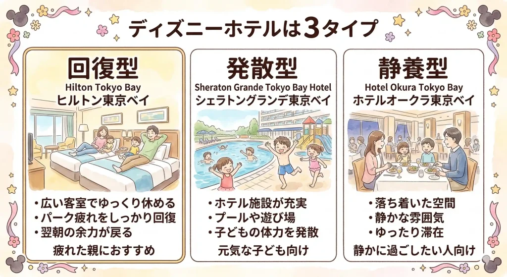 ディズニー周辺ホテルを回復型・発散型・静養型の3タイプで比較した図
