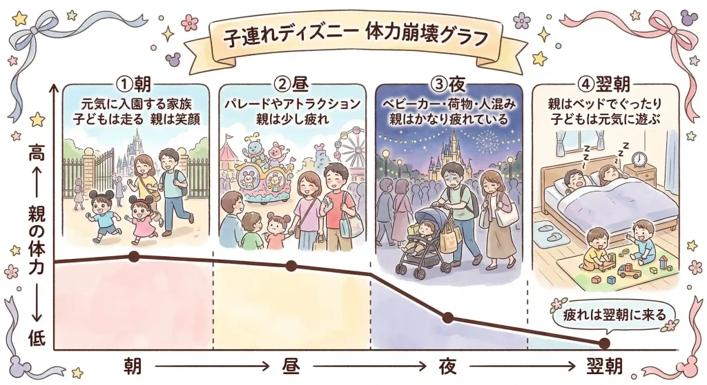 子連れディズニーで親の体力が翌朝に崩れる様子を示したグラフ