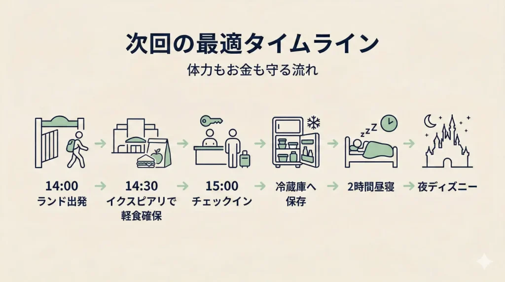 ディズニー翌日の疲労を軽減する最適タイムライン図解（イクスピアリ活用・昼寝あり）