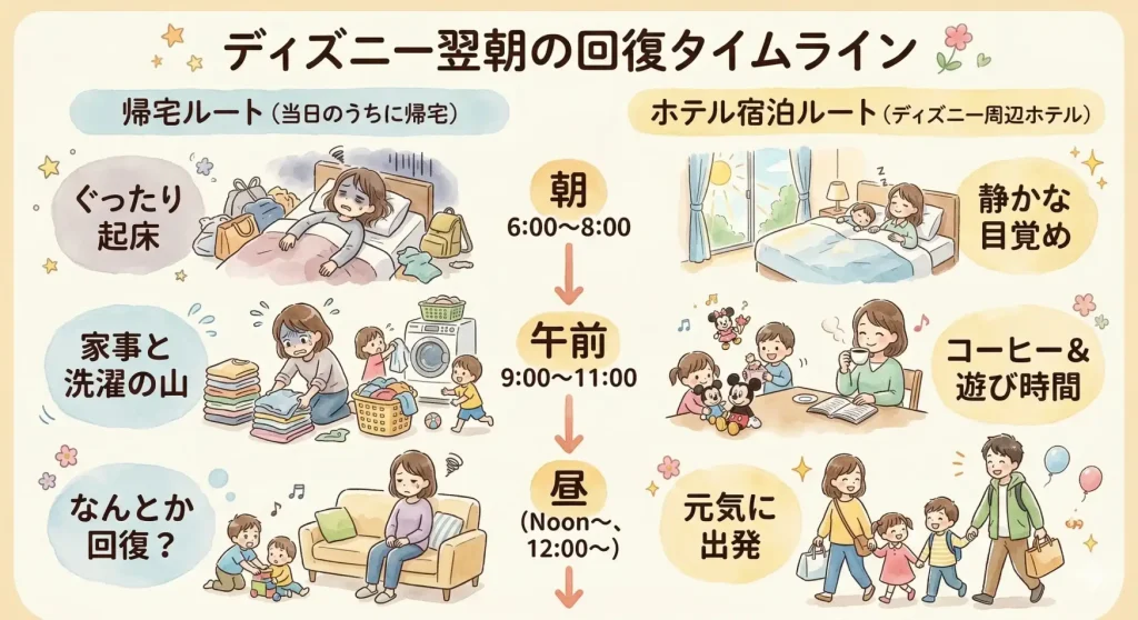 ディズニー旅行の翌朝に帰宅する場合とホテル宿泊する場合の回復の違いを示した図
