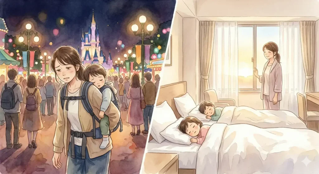 ディズニーで疲れた夜とホテルで安心する翌朝を対比したイラスト