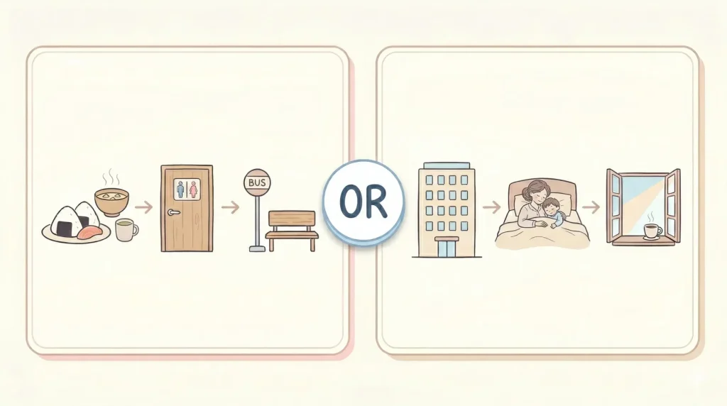 帰宅ルート（夕飯→トイレ→並ぶ）と、ホテル泊ルート（近さ→横になる→翌朝回復）を左右で示した分岐イメージ