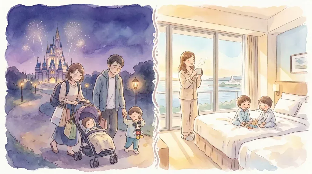 ディズニーの夜の疲れとヒルトン東京ベイの静かな朝を対比したイメージ