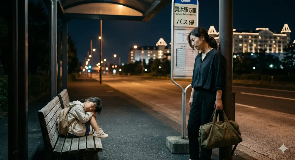 子連れディズニー帰りの夜に、バス停で子どもをベンチに座らせて見守る疲れた母親のイメージ