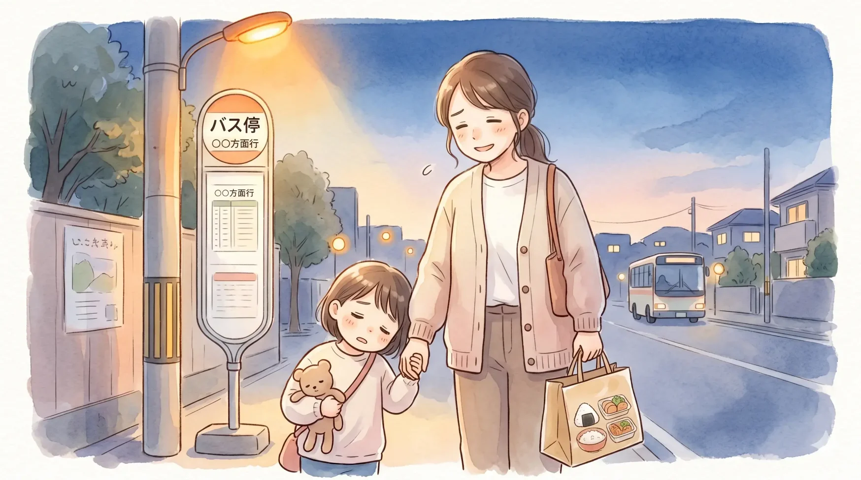Illustrated featured image of a tired mother and child near a bus stop after a Disney trip, holding a takeaway dinner bag and looking relieved that dinner is already prepared.