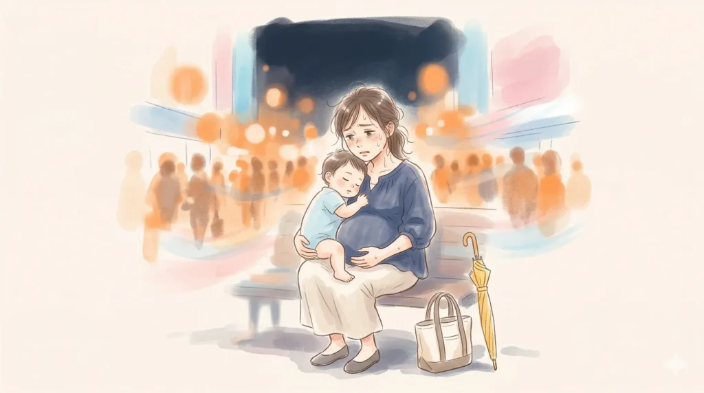 真夏の子連れディズニー帰り、暑さと待ち時間で疲れ切った親が幼児を抱っこしているイメージイラスト