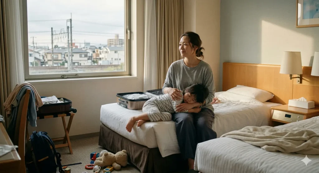 ディズニー近くのホテルに泊まった翌朝、静かに過ごす親子のイメージ