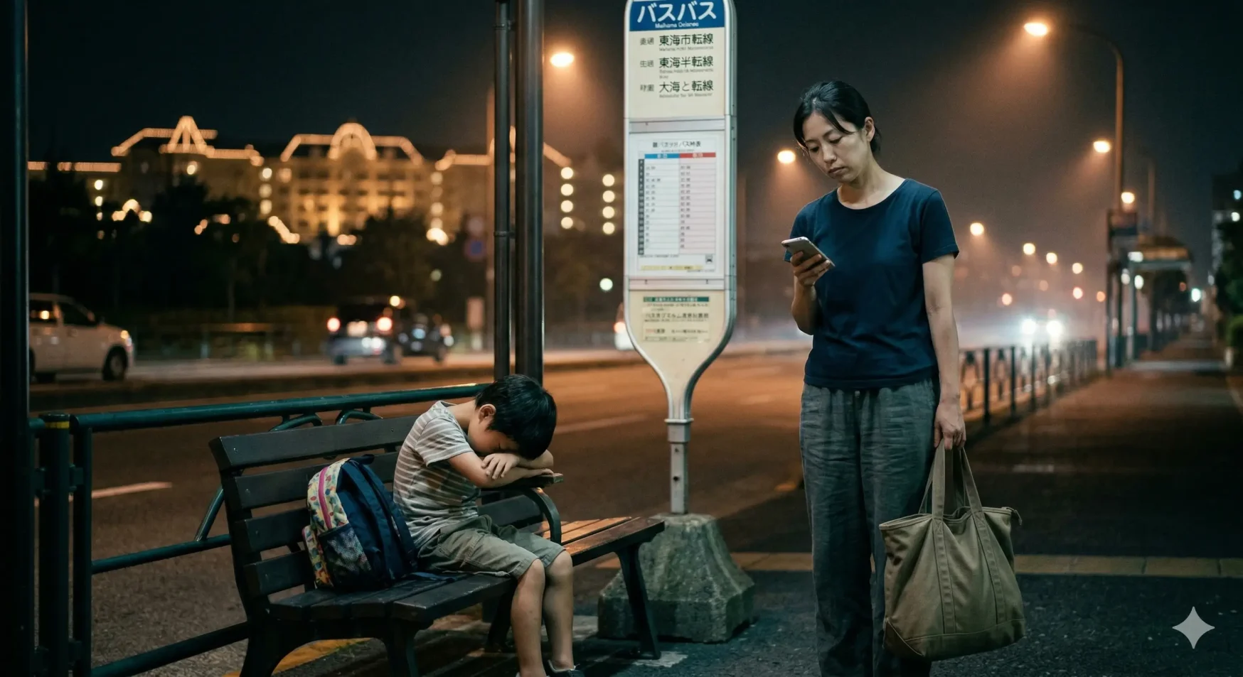 子連れディズニー帰りの夜に、バス停で子どもを座らせたまま立って待つ疲れた母親のイメージ
