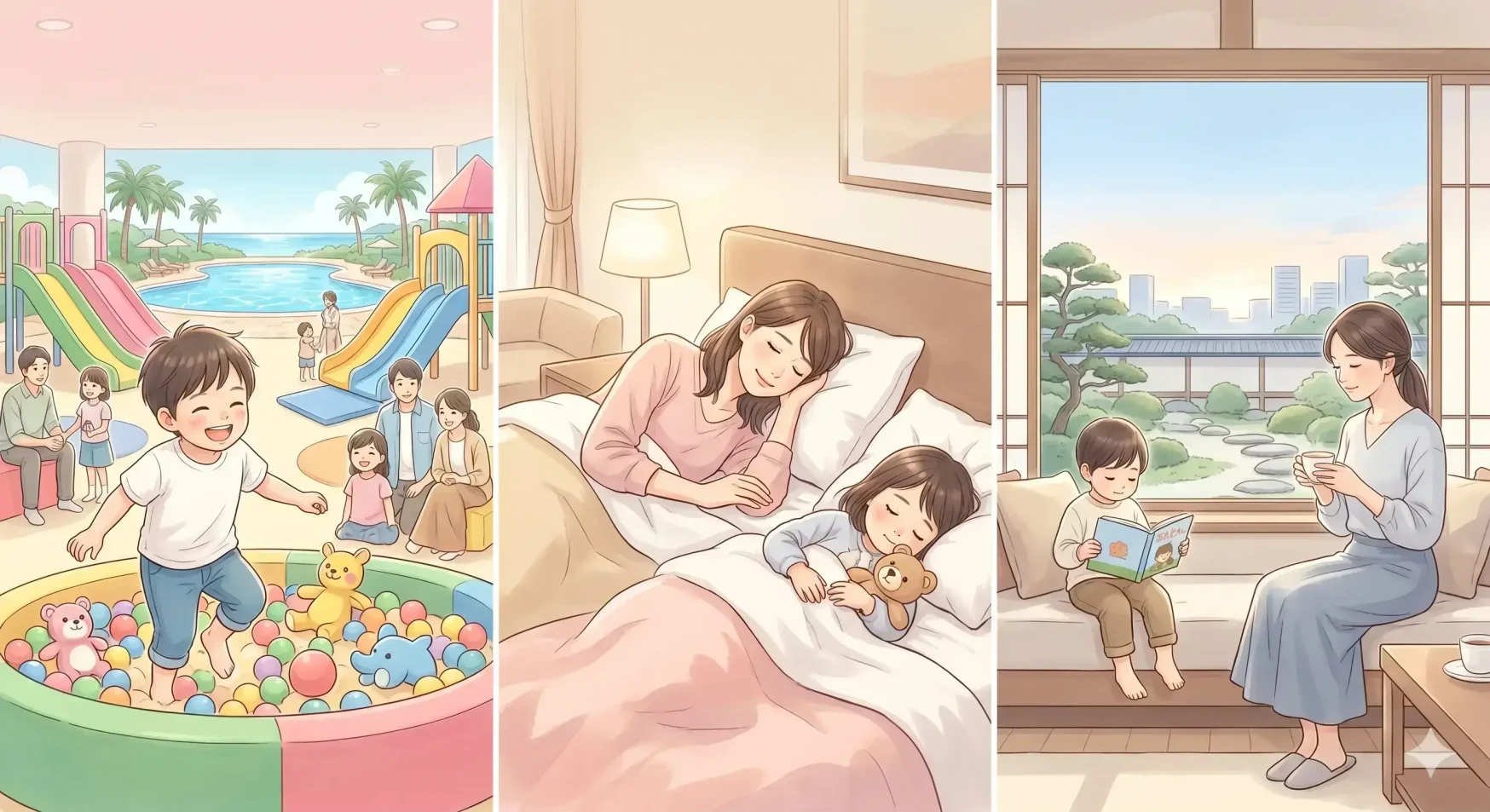 子連れディズニー翌朝に合うホテルを、発散型・回復型・静養型の3タイプで比較したイメージ