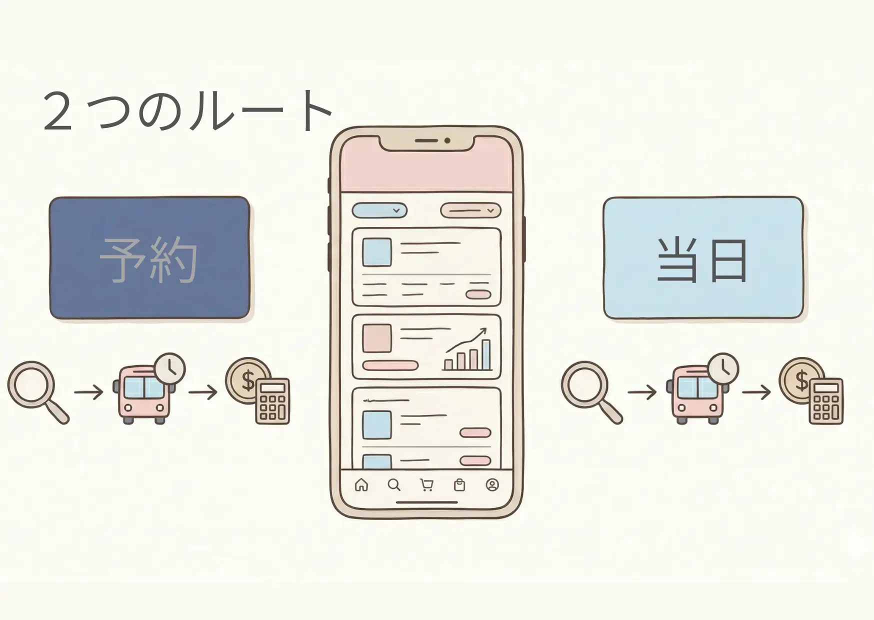 池袋からディズニー行きバスを予約する流れを、発車オ～ライネットとWILLERの2ルートで「検索→便→料金確認」まで示した手描き風イラスト