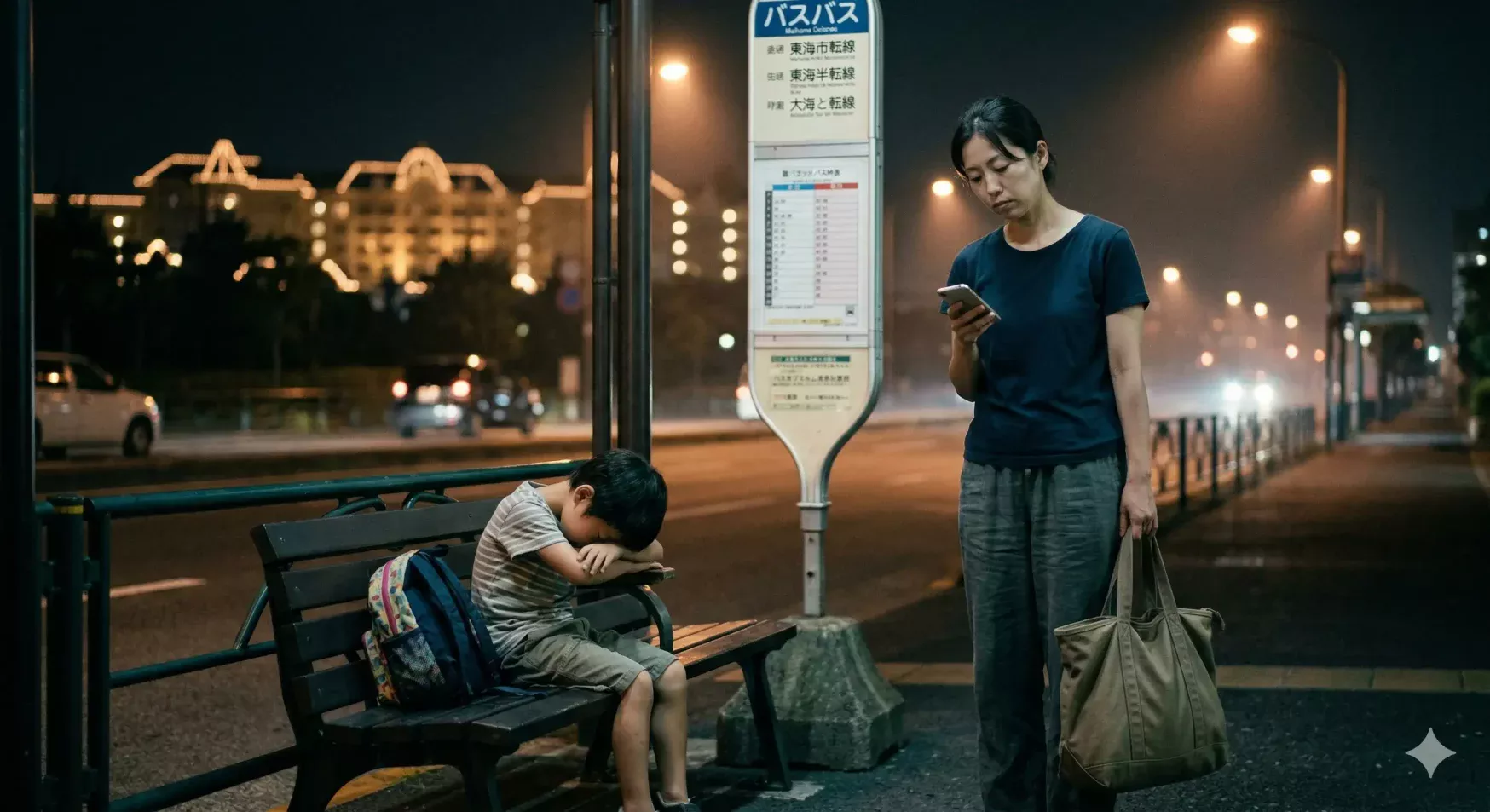 子連れディズニー帰りの夜に、バス停で子どもを座らせたまま立って待つ疲れた母親のイメージ