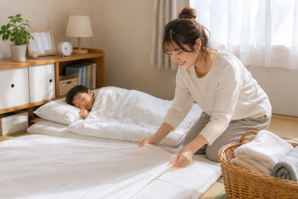 翌朝、きれいになった布団を整える若いママと、安心して眠る子どもの様子
