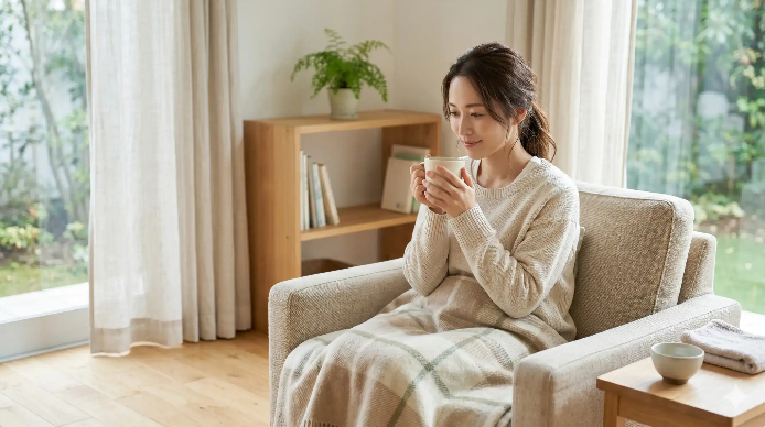 体を温めながら静かに座る女性をイメージした鍼灸記事のアイキャッチ画像