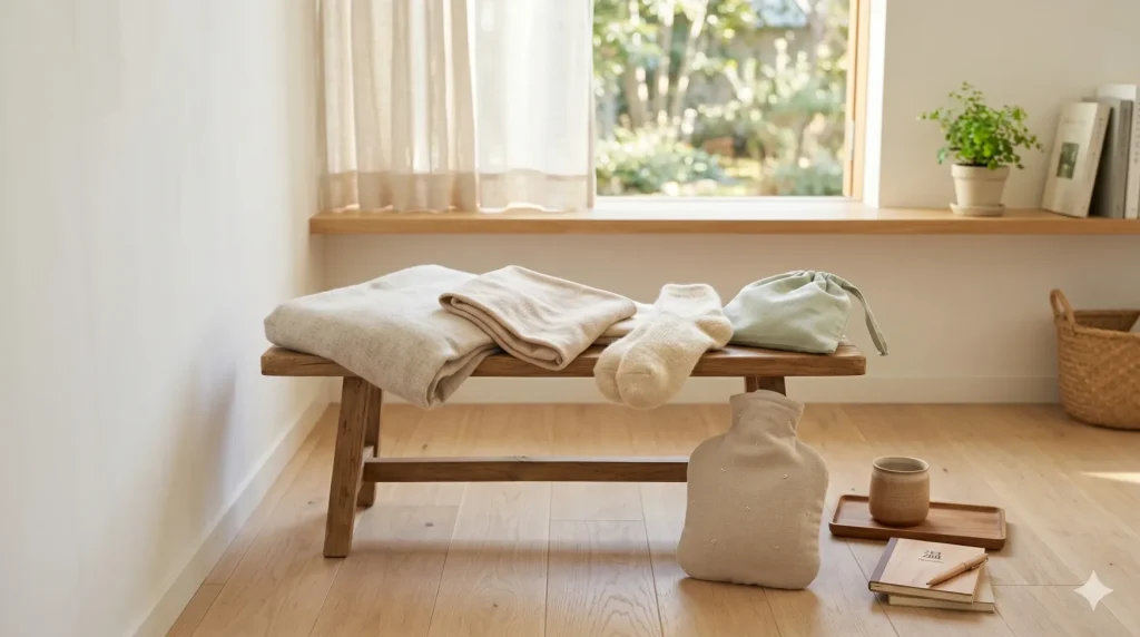 やわらかな光の入る部屋で、ストールや靴下など体を温めるための小物が静かに置かれた余韻イメージ