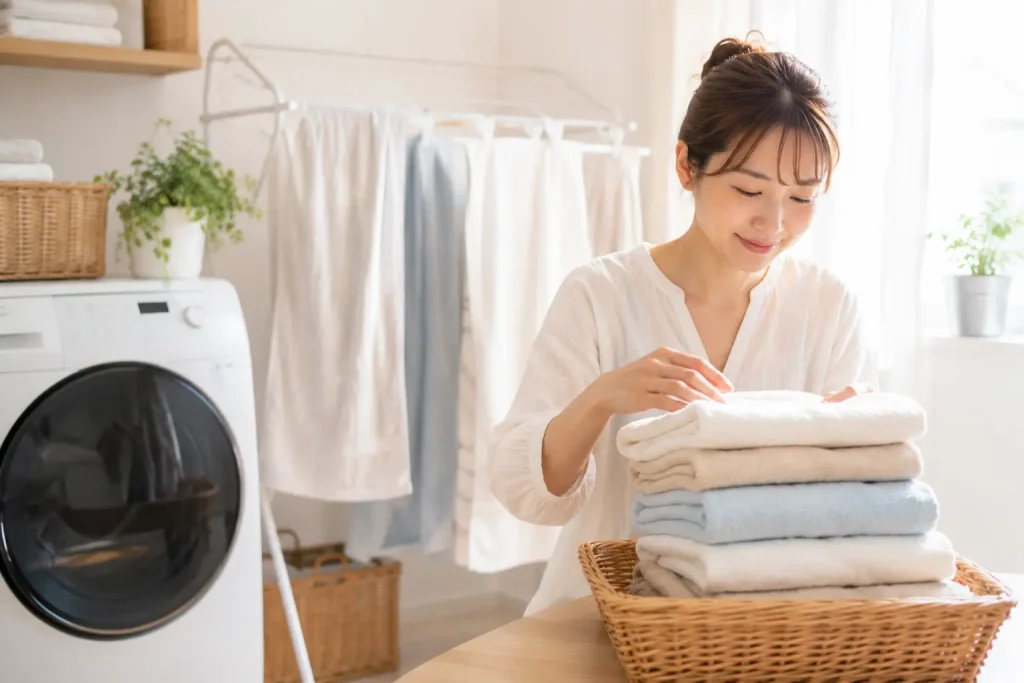 朝の光が入る洗濯スペースで、清潔なバスタオルをたたむ若いママの様子