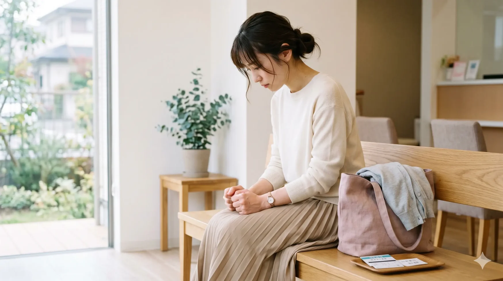 手術前の不安な気持ちを抱えながら、ベンチに座って俯く女性のイメージ