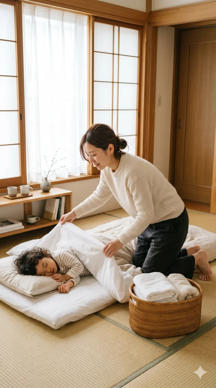 眠る子どもの布団を整えながら、夜中の片づけを終えた母親