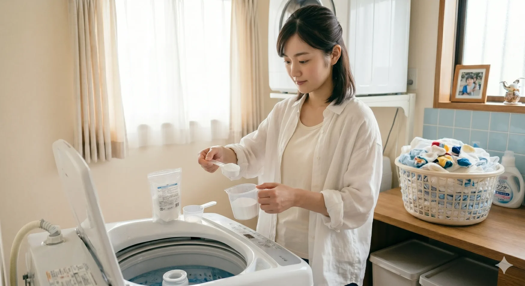 洗濯機の前で酸素系漂白剤とセスキプラスを準備する若いママ