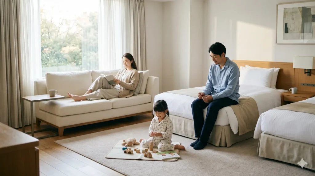 やわらかな朝の光が入るホテル客室で、親が休みながら子どもも穏やかに過ごしている余韻イメージ
