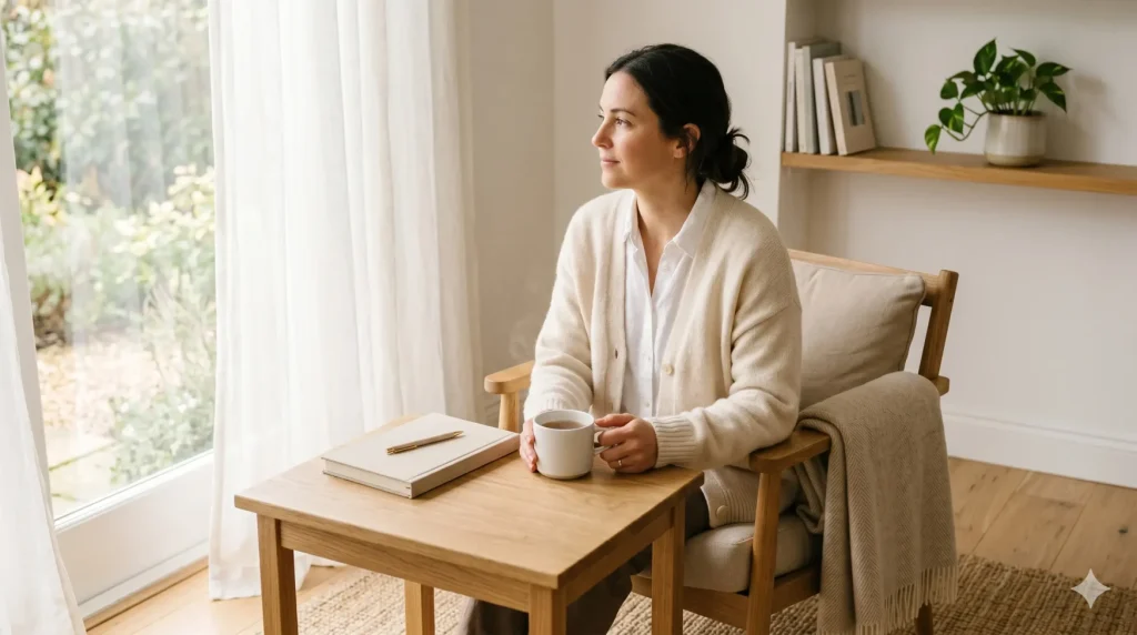 やわらかな光が入る部屋で、お茶の入ったマグカップと手帳が静かに置かれた余韻イメージ