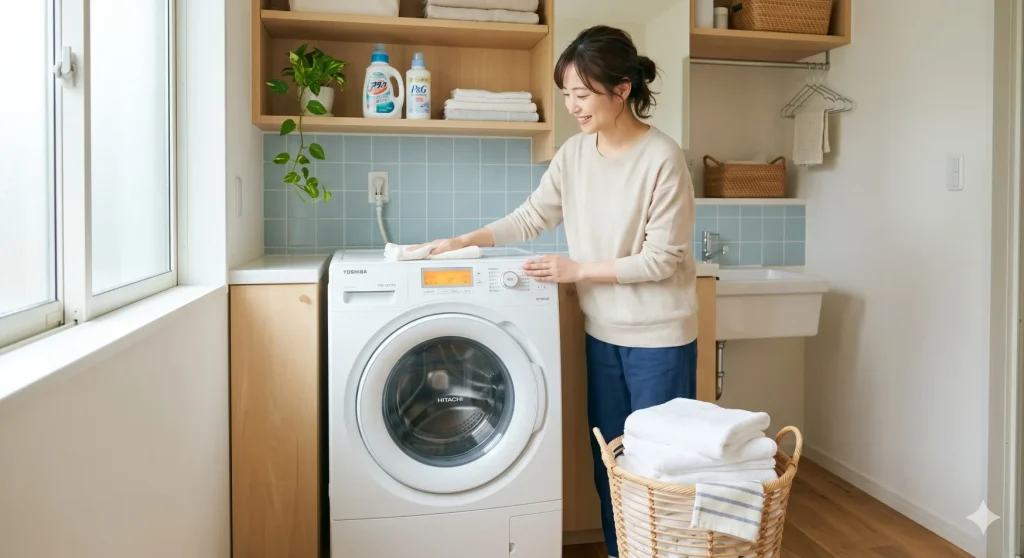 朝の光の中で、きれいになった洗濯機まわりを整える若いママの様子