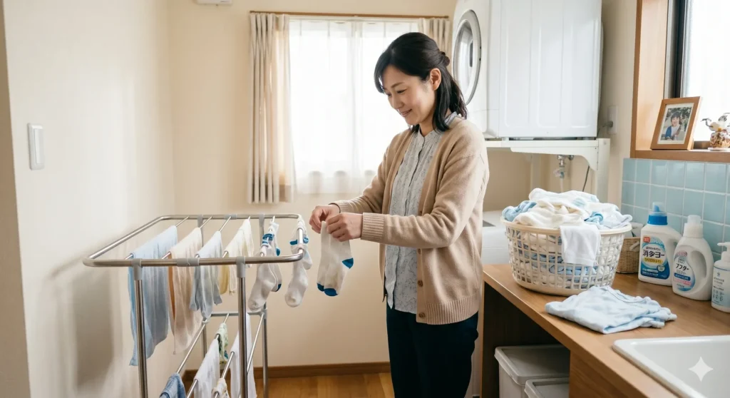 朝の光の中で洗い終えた子どもの靴下を干す若いママ