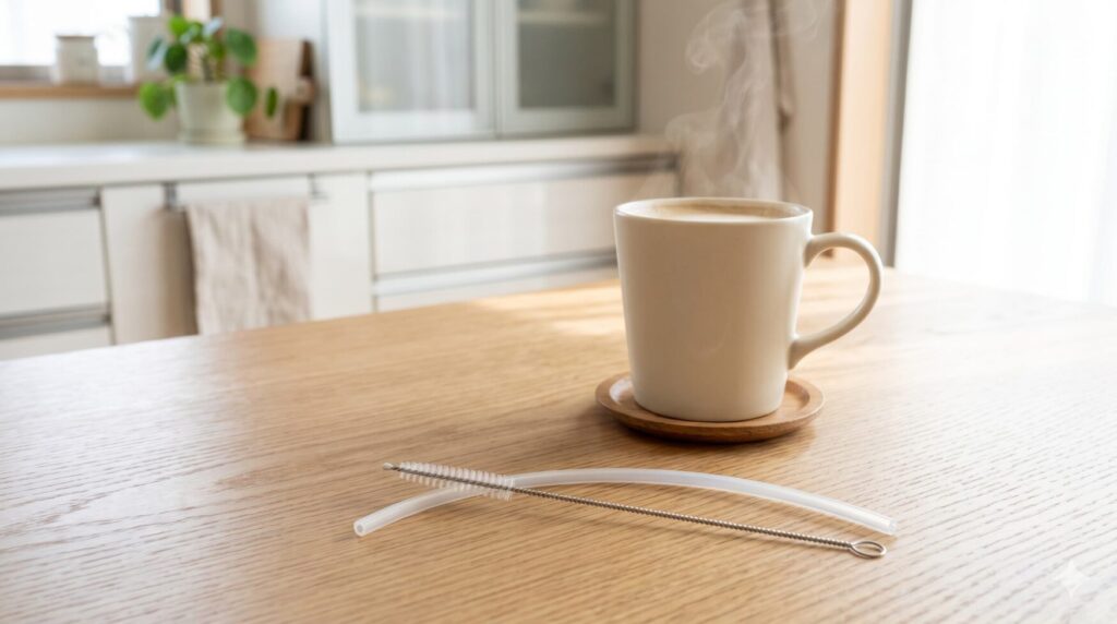 ミルクチューブ掃除が終わったあとにラテをゆっくり楽しめる静かなテーブル風景