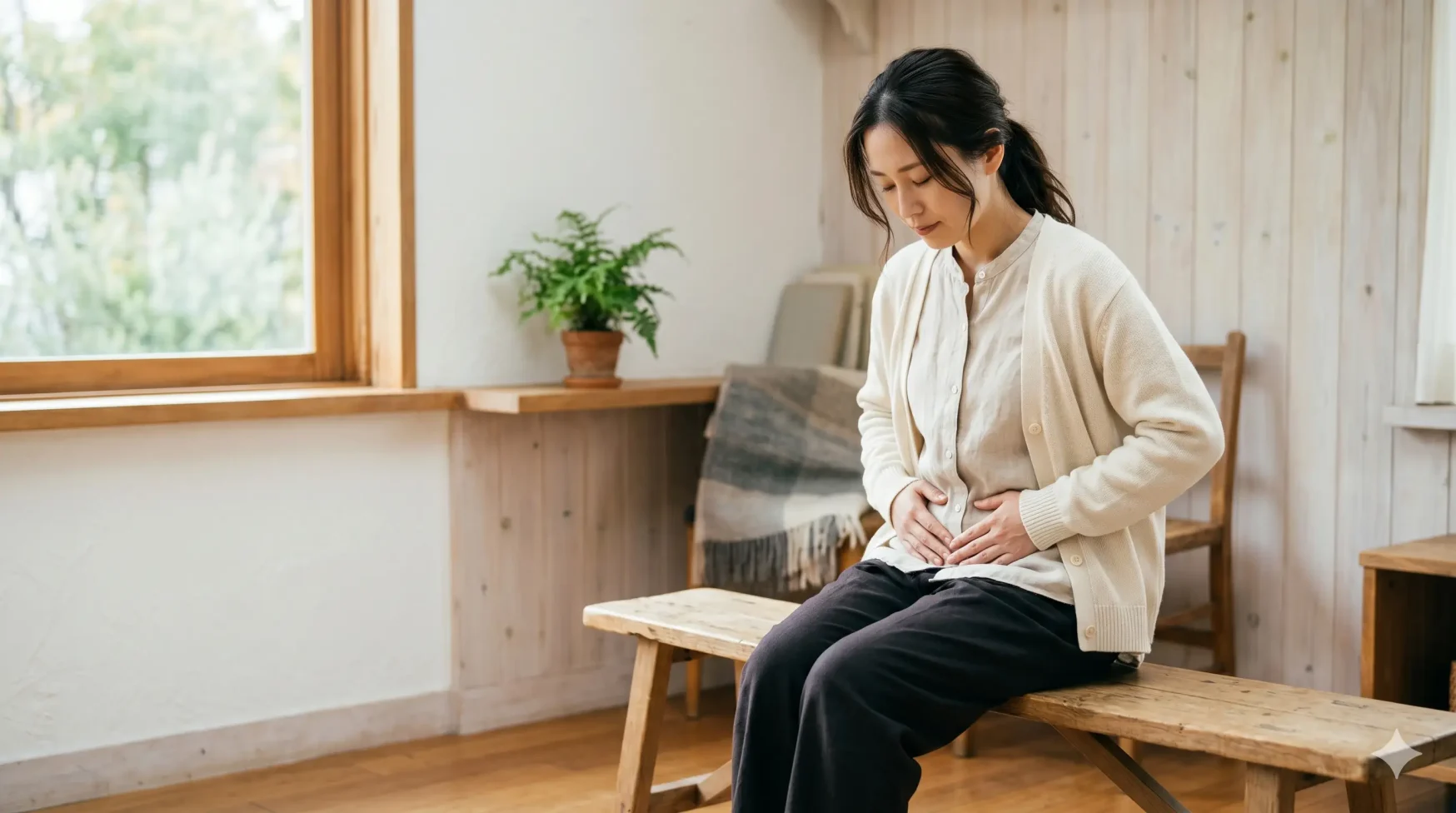 重い生理痛を我慢しながら静かに座る女性をイメージしたアイキャッチ画像