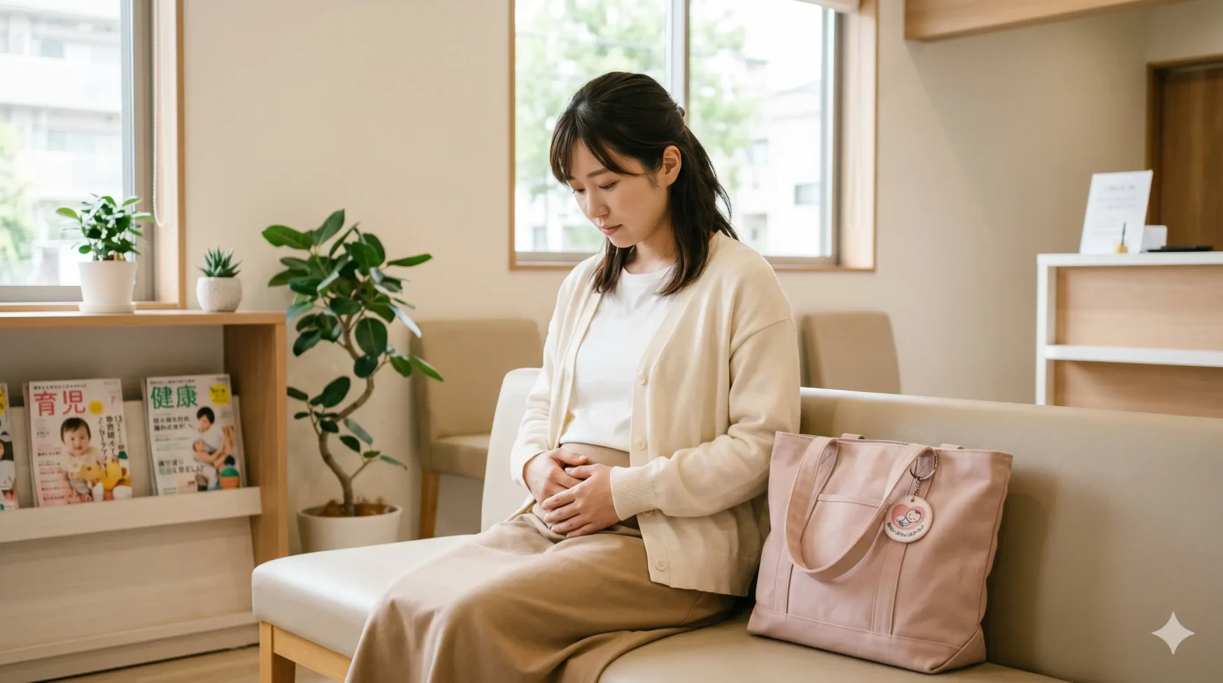 妊娠初期の違和感に不安を感じながら座る女性と、隣に妊婦マーク付きのバッグが置かれたアイキャッチ画像