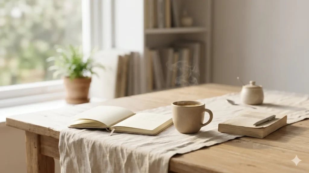 朝の光の中でコーヒーを飲みながら静かに心を整える時間をイメージしたテーブル風景