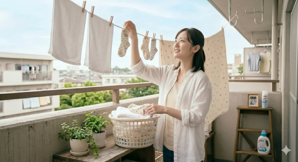 晴れた朝に清潔なタオルや靴下やシーツを外干しする若いママ