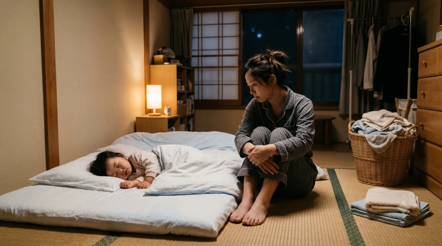 深夜に子どもが布団で吐いたあと、洗濯物を前に疲れたママが座っている様子